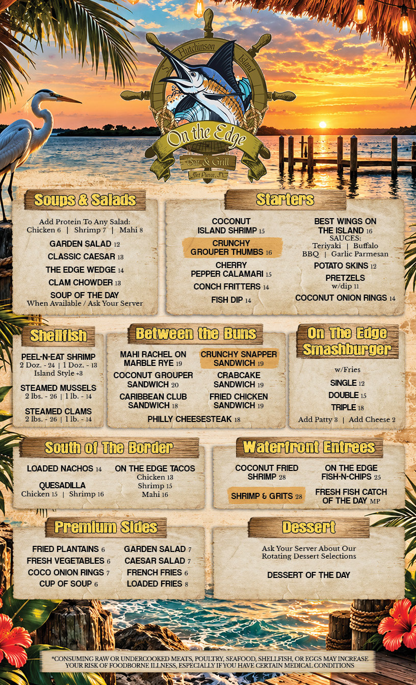 On the Edge Bar & Grill food menu: soups and salads, starters, shellfish, sandwiches, smashburgers, Mexican, entrees, sides and dessert
