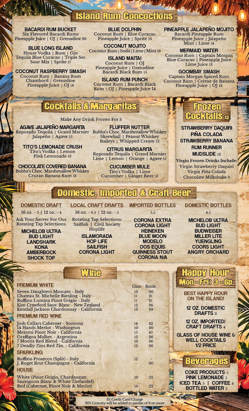 On the Edge Bar & Grill drinks menu: island rum concoctions, cocktails and margaritas, frozen cocktails, beer, wine, happy hour and beverages